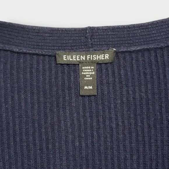 SOLD-Eileen Fisher Organic Cotton Hemp Cardigan Ribbed Boxy Cropped Sz M Navy - Picture 6 of 11